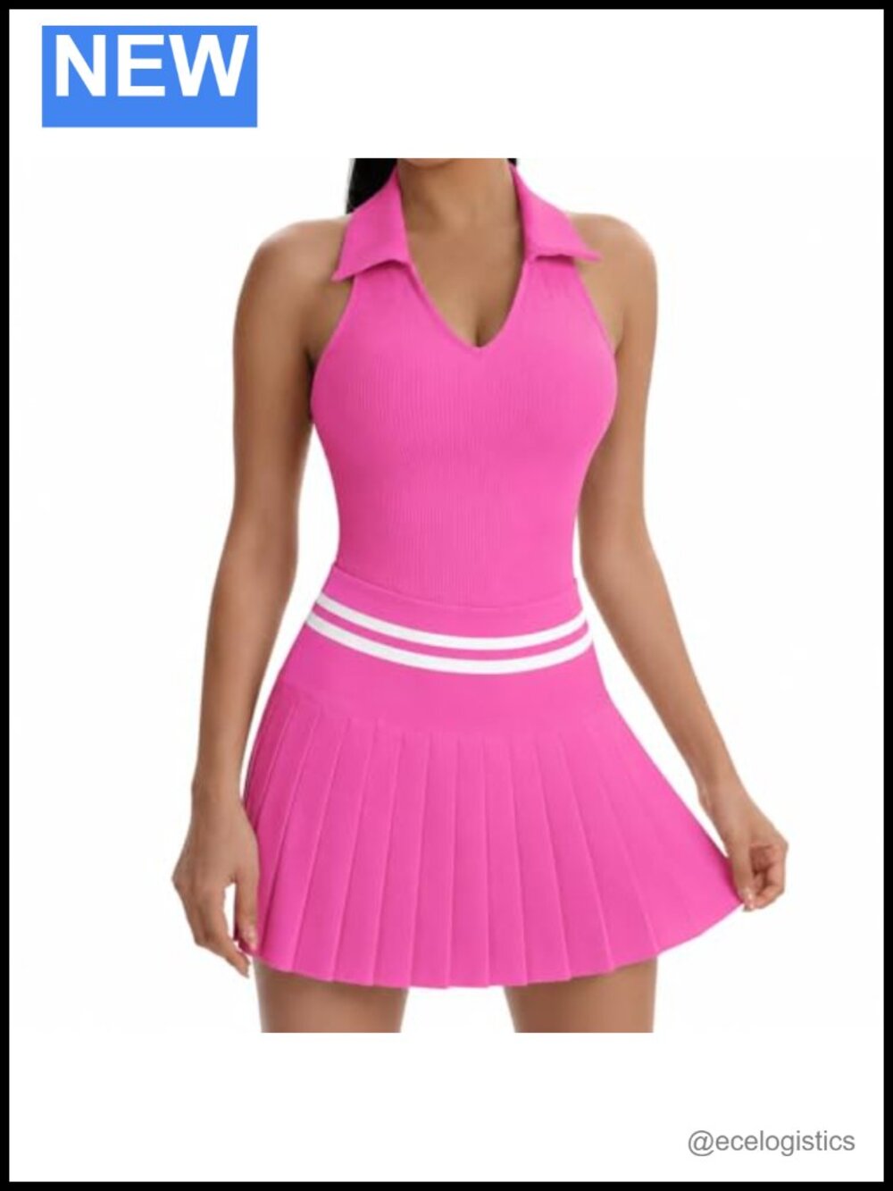 Women's Tennis Dress Set Sleeveless Ribbed Top Pleated Skirt with Built-in